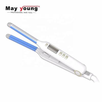 China Household Unique Super Thin Straighten and Curl 2 in 1 Curved Straightener Blue Hair Straightener Hair Flat Iron for sale