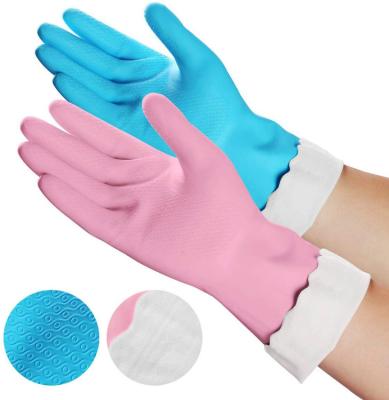 China Reusable Waterproof Rubber Kitchen Cotton Soft Flock Of Latex Gloves Scratching Dishwashing Household Latex Cleaning Gloves for sale