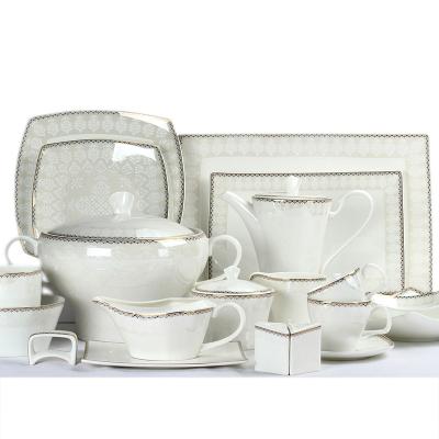 China Viable in stock bone china wholesale dinnerware set embossed ceramic dinnerware with gold design dinnerware for sale