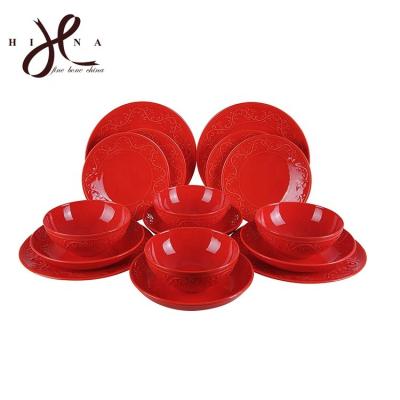 China HAINA Sustainable American Ivy Collection 16-Piece Embossed Earthenware Dinnerware Set, Red for sale