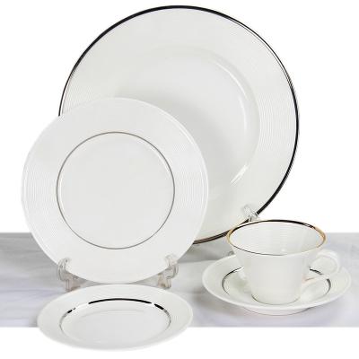 China Viable Wholesale Line Embossing Tableware Bone China Platinum Ceramic Dinnerware for sale