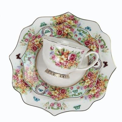 China Elegant Viable Wholesale Ceramic Tea Sets Flower Shape Dinner Set Dish Flower Shape Porcelain Dinnerware Gold Rim Bone China Tea Cup and Saucer Set for sale