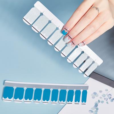 China 100% real plastic nail polish girl nail sticker, blue french nail wraps can keep 15 days for sale