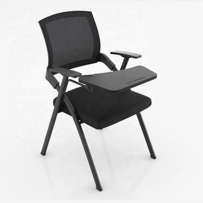 China 2021 Black Padded Foldable Space Saving Mesh Fabric Chair Furniture Folding Training School Meeting Fabric Chairs With Notepad for sale