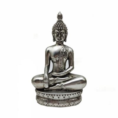 China Custom Home Decoration Accessories Creative Polyresin Mini Sitting Buddha Sculpture Indoor Silver Color Buddha Statues for sale