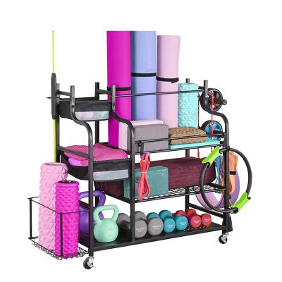 China Creative Sustainable Yoga Mat Holder Home Gym Storage Rack For Dumbbells Kettlebells Foam Roller Workout Equipment Storage Organizer for sale