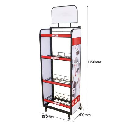 China Supermarket Retail Double Sided Free Standing Shelf Metal Floor Wire Rack Custom Snacks Display Snak Rack for sale