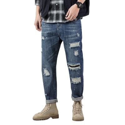 China QUICK DRY loose wide legs with ripped hole in fashion mens jeans mens patch stretch jeans for sale