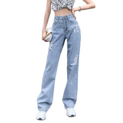 China Women QUICK DRY jeans high waist letters graphic ripped letters print slim ripped holes design pants OEM custom service for sale