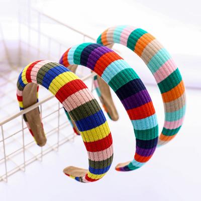 China European Korean style terry girl's headband handmade rainbow fresh wool knitted striped small headband for sale