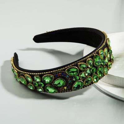 China Vintage Bling Bling European Luxury Exaggerated Baroque Green Glass Diamond Women Headband Accessories for sale