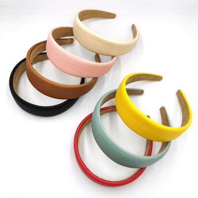 China European Wholesale Women Fashion Candy Smooth Soft Solid Color PU Wide Fabric Leather Headband Flat Hair Hoops for sale