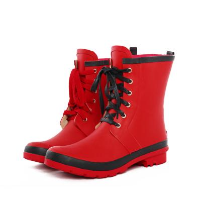 China Designer Comfortable Anti-Slip Boots Woman Red Lace Up Rubber Rain Boots for sale