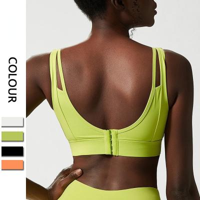 China 2022 Antibacterial Sexy Deep Halter U-Neck Adjustable Sports Bra With Hook Nylon Spandex Comfortable Women Gym Workout Top Fitness Wear for sale