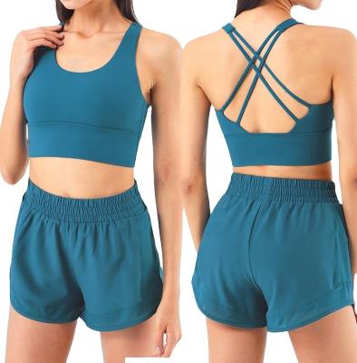 China 2 Piece Antibacterial Women's Back Yoga Sports Bra And Short Leggings Set To Custom Design Back Yoga Set for sale