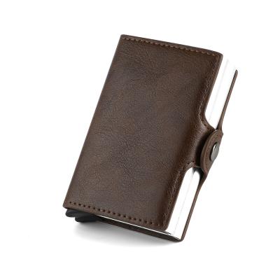 China RFID Men Leather Custom Wholesale Metal Bank Name Business Credit Auto Pop Up Button Aluminum Wallet RFID Cash ID Card Holder for sale