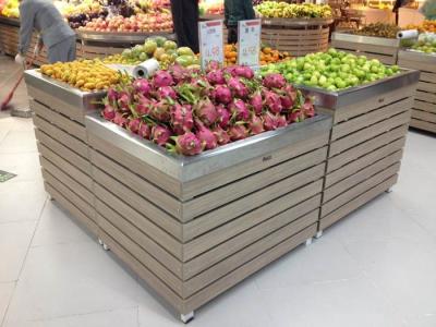 China supermarket wooden produce bin with stainless steel tray for sale