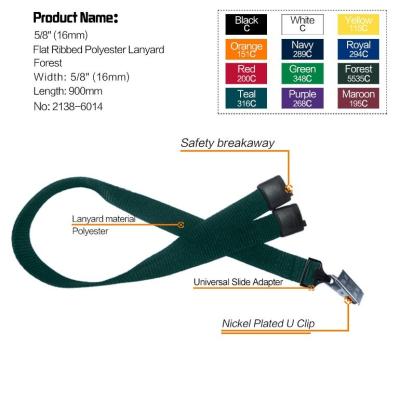 China Polyester 16mm (5.8) flat ribbed polyester lanyard with safety breakpoint, USA and bulldog clip for sale