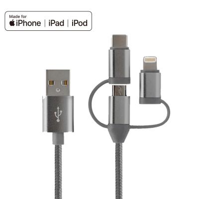 China Nylon braid MFi type c micro usb cable for iphone 12 light cable fast charging 3 in 1 data cable zu verkaufen