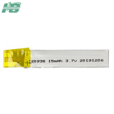 China 120938 15mah Solid Energy Battery 3.7v 1.2mm Thickness 0.2c Standard Discharge Current for sale