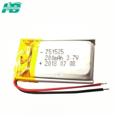 중국 751525의 리튬 중합체 건전지, 3.7 V 200mah 재충전 전지 1 년 보장 판매용