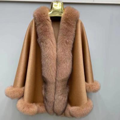 China Fur Capes Poncho Handmade Elegant Party Bridal Wedding Real Fox Fur Trim Cashmere Wool Poncho Winter Wool Shawl Fur Cape for sale