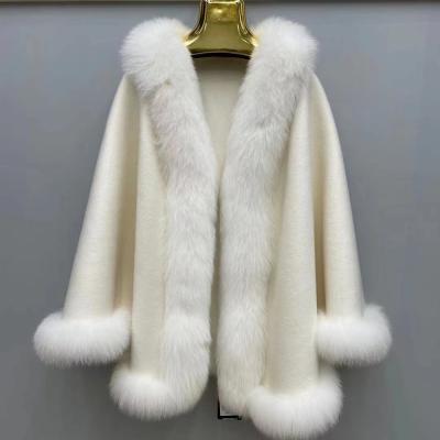 China Elegant Cashmere Poncho Real Fur Fox Party Outerwear Shawl Wool Poncho Winter Women Shawls Fur Caps High Quality Real Fur Trim for sale