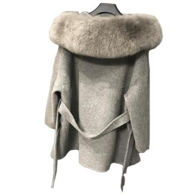 China Winter Reversible Double Layer Cashmere Coat Hot Selling Women Fashion Wool Coat Fox Fur Hooded Jacket Belt Women Cashmere Coats for sale