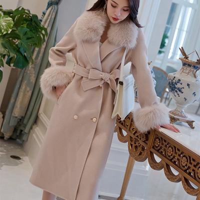 China New Fashion Reversible Winter Women's Elegant Cashmere Coat With Wool Collar Real Fox Fur Women's Long Style Cashmere Coat for sale