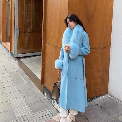 China New Arrival Reversible Genuine Cashmere Long Coat Fox Fur Collar Real Woolen Jackets Women's Luxury Woolen Coat for sale