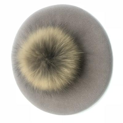 China Women's Winter Wholesale Warm Spring Striped Luxury Real Soft 100% Cashmere Raccoon Fur Pom Pom Beret Hat for sale