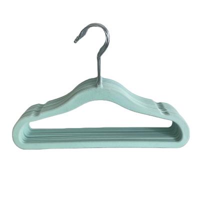 China Wholesale Flat Green Cheap Children's Flat Children's Velvet Flocking Clothes Hanger for sale