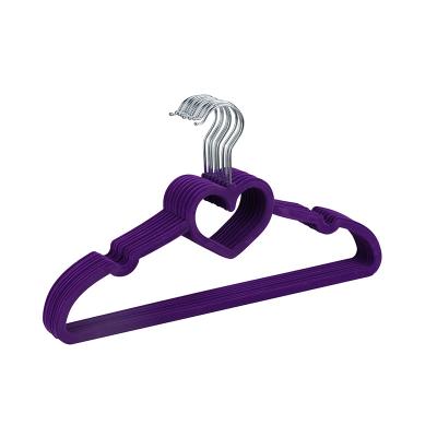 China Save Space Purple Heart Flocking Hanger Luxury Space Saving Velvet Plastic Coat Hanger For Clothing for sale