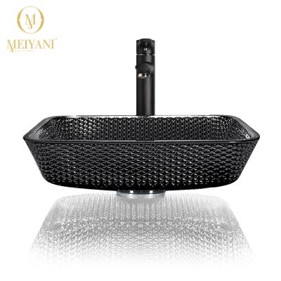 China Modern Elegant Black Square Crystal Sink Vessel Sink Art Bowl Bathroom Sink Tempered Glass Sink for sale