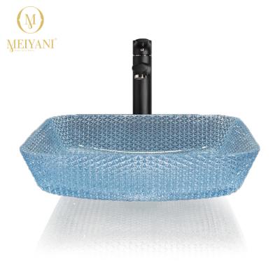 China Crystal Square Vessel Sinks Tempered Glass Sink Bathroom Vanity Counter Top Blue Modern Sink Basin Crystal Sinks for sale