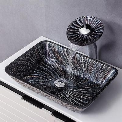 China Modern Rectangle Glass Sinks Black Spiral Pattern Basin Bathroom Countertop Waterfall Vessel Sink for sale