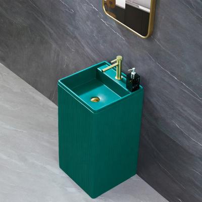 China Meiyani Luxury Hotel Modern Green Color Free Standing Hand Basin Bathroom Sink Solid Outdoor Artificial Stone Pedestal Basin for sale