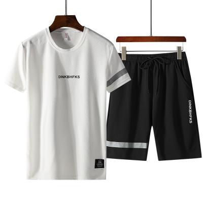 China 2021New Style QUICK DRY Ice Silk Underwear Custom Made High Quality Striped 100% Men's T-shirt and Shorts Set Summer 2 Piece Short Set for sale