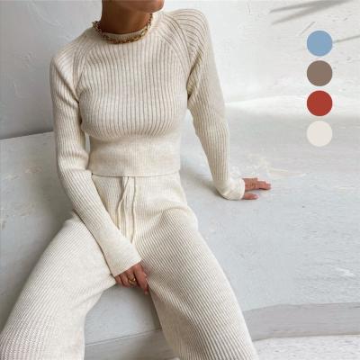 China High Quality Breathable Winter Casual Warm Women Loose Knitted Two Piece Sweater Drop Leg Wide Leg Women Clothes 2021 for sale