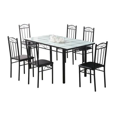 China Cheap Modern Design Dining Room Furniture Tops Cheap Modern Dining Table 6 Seats Black Dining Table Set Table Metal Legs Glass Style Type for sale