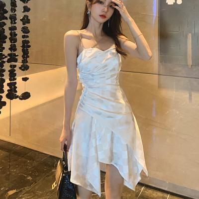 China 2022 Summer New Fashion Slim Halter Chain Waist-skimming Irregular Dress Plaid Ice Silk Dress Wholesale Viable Temperament for sale