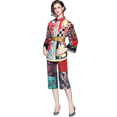 China 2022 New Fashion Loose Casual Color QUICK DRY Print Spot Spring Long Sleeve Shirt Cropped Pants Stretch Two-Piece Suit With Belt for sale