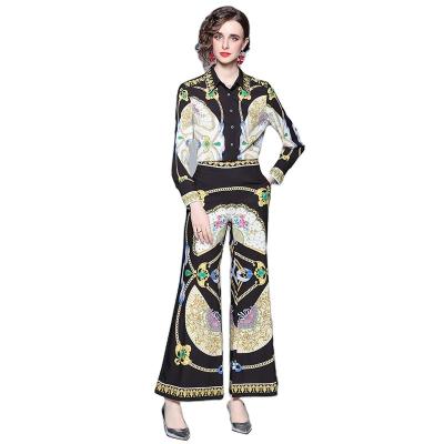 China 2022 spring new spot fashion QUICK DRY temperament fried street hit retro color shirt suit shirt leg printed wide leg pants suit for sale