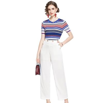 China 2020 Summer New Station European Short Sleeve Contrast Color Striped White Sweater Anti-wrinkle Cropped Drooping Wide Leg Pants Suit for sale