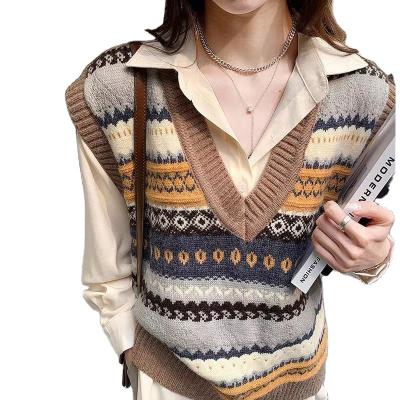 China Artistic V-Neck Retro Jacquard Sleeveless Sweater Vest Women Knitted Bandage Vest Women Anti-pilling Casual Dress Vest for sale