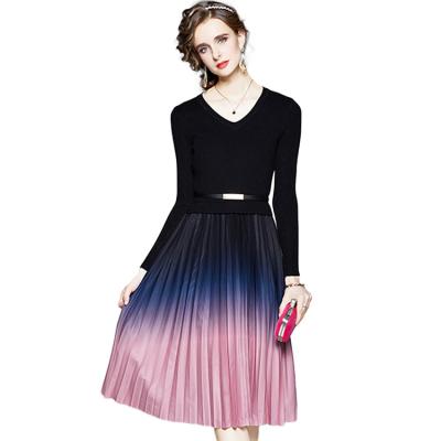 China Anti-Wrinkle Lightly Cooked Style V-Neck Long Sleeve Belt With Waist Gradation Pleated Knitting One-Piece Dress for sale