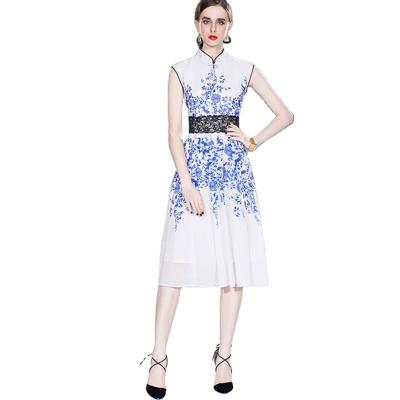 China Chinese Style 2022 Breathable Print Chiffon Lace Knee Length Retro Cheongsam Blue And White Sleeveless Dress for sale