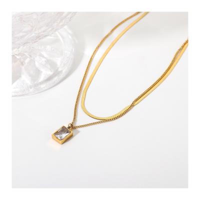 China Accept Money Back In Case Fashionable Women's Crystal Herringbone Choker Necklace For Square Gold Color Stainless Steel Snake Chain Double Necklace for sale