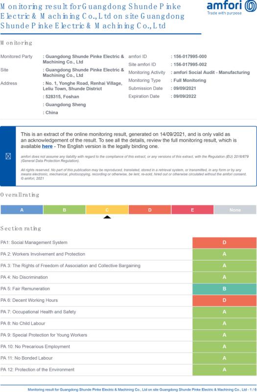 BSCI - Guangdong Shunde Pinke Electrical Machinery Co., Ltd.