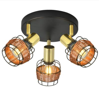 China Modern Hot Selling Black Rattan Shade Gold 3xE14 3W LED Bulbs Ceiling Spot Light for sale